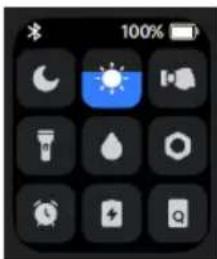 Mobile phone app interface with weather and lighting icons, including a blue sun icon and clock buttons