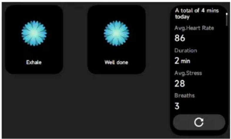 Exhale Well done A total of 4 mins today Avg.Heart Rate 86 Duration 2 min Avg.Stress 28 Breaths 3