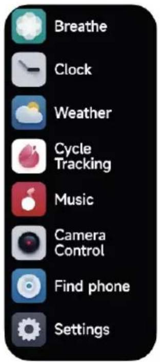 Breathe Clock Weather Cycle Tracking Music Camera Control Find phone Settings