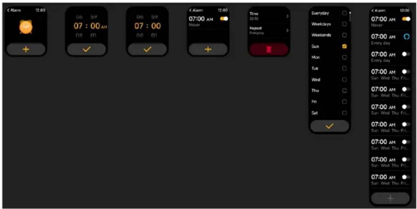 < Alarm 12:00 06 59 07 : 00 AM 08 01 06 59 07 : 00 08 01 < Alarm 12:00 07:00 AM Never Time 22:30 Repeat Everyday > Everyday Weekdays Weekends Sun Mon Tue Wed Thu Fri Set ✓ < Alarm 12:00 07:00 AM Never 07:00 AM Every day 07:00 AM Every day 07:00 AM Sun Wed Thu Fri... 07:00 AM Sun Wed Thu Fri... 07:00 AM Sun Wed Thu Fri... 07:00 AM Sun Wed Thu Fri... 07:00 AM Sun Wed Thu Fri... 07:00 AM Sun Wed Thu Fri... +