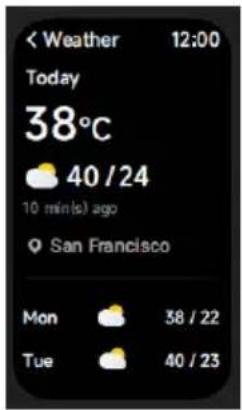 < Weather 12:00 Today 38°C 40 / 24 10 min(s) ago San Francisco Mon 38 / 22 Tue 40 / 23