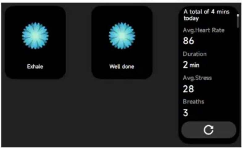 Exhale Well done A total of 4 mins today Avg.Heart Rate 86 Duration 2 min Avg.Stress 28 Breaths 3