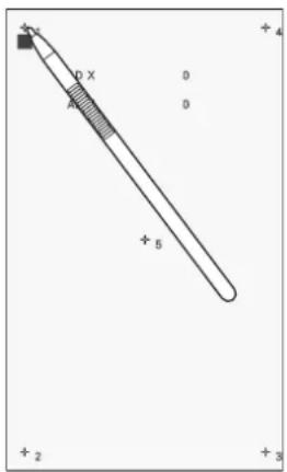 BABY LOCK Capella - Utilisez le stylet fourni pour appuyer sur le centre des croix numérotées à l'écran, dans l'ordre numérique de 1 à 5. - 1