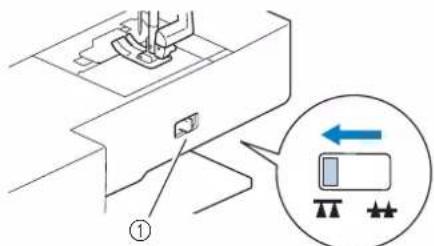 BABY LOCK Aventura 2 - Positionnez le curseur de réglage des griffes d'entrainment, situé à l'arrête de la machine, en bas, sur (vers la gauche, vu depuis l'arrête de la machine). - 1