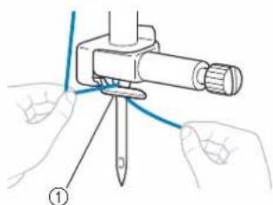 BABY LOCK Aventura 2 - Faites glisser le fil derriere le guide-fil de la barre de l'aiguille. - 1