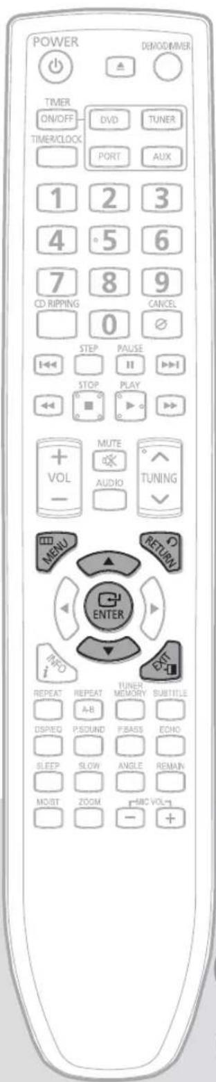 POWER DENOMINER TIMER ON/OFF DVCD TUNER TIMER/CLOCK PORT AUX 1 2 3 4 5 6 7 8 9 CD RIPPING CANCEL 0 STEP PAUSE STOP PLAY VOL MUTE AUDIO TUNING MENU RETURN ENTER IPO REPEAT REPEAT TUNER MEMORY SUBTITLE A-B DSPREQ PSOUND PBASS ECHO SLEEP SLOW ANGLE REMAIN MOIST ZOOM MIC VOL