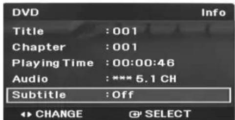 DVD Info Title : 001 Chapter : 001 Playing Time : 00:00:46 Audio : *** 5.1 CH Subtitle : Off CHANGE ⚙ SELECT