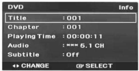 DVD Info Title : 001 Chapter : 001 Playing Time : 00:00:11 Audio : *** 5.1 CH Subtitle : Off CHANGE ⚙ SELECT