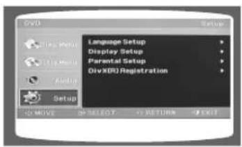 DVD Language Setup Display Setup Parental Setup DivXDR Registration Setup DO MOVE DP SELECT + RETURN + EXIT
