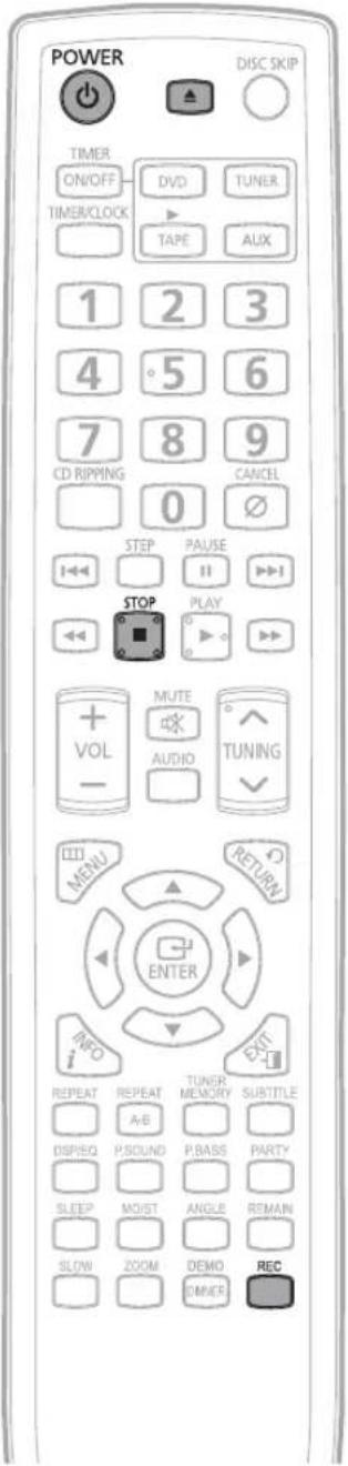 POWER DISC SKIP TIMER ON/OFF THERI/CLOCK DVD TUNER TAPE AUX 1 2 3 4 5 6 7 8 9 CD RIPPING CANCEL 0 STEP PAUSE STOP PLAY MUTE AUDIO TUNING VOL - RETURN ENTER INFO RESET REPEAT REPEAT TUNER MEMORY SUBTITLE A-B DISPIEQ P.SOUND P.BASS PARTY SLEEP MOIST ANGLE REMAIN SLOW ZOOM DEMO DINER REC