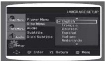 LANGUAGE SETUP Player Menu English Disc Menu Français Audio Deutsch Subtitle Espanul Italiano Ameripands Audio DivX Subtitle Setup Enter Return Menu