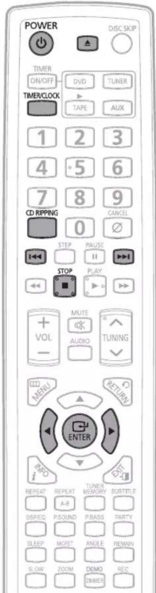 POWER DISC SKIP TIMER ON/OFF DVD TUNER TIMER/CLOCK TAPE AUX 1 2 3 4 5 6 7 8 9 CD RIPPING 0 CANCEL STEP PAUSE STOP PLAY VOL MUTE AUDIO TUNING MENU RETURN ENTER INFO OUT REPEAT REPEAT TUNER MEMORY SUBTITLE A-B DISPED P/SOUND P/BASS PARTY SLEEP MOST ANGLE REMAIN SLOW ZOOM DEMO DINNER REC