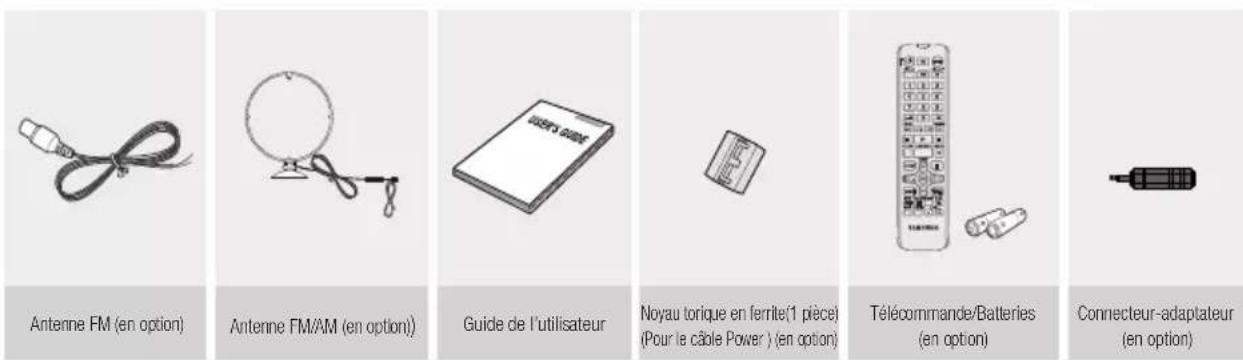 Antenne FM (en option) Antenne FM/AM (en option) Guide de l'utilisateur Noyau torque en ferrite(1 pièce) (Pour le câble Power ) (en option) Télécommande/Batteries (en option) Connecteur-adaptateur (en option)
