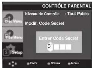 CONTROLE PARENTAL Niveau de Contrôle : Tout Public Modif. Code Secret Entrar Code Secret 0 Enter Return Menu