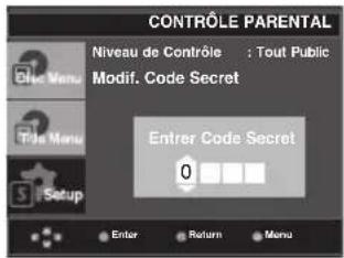 CONTROLE PARENTAL Niveau de Contrôle : Tout Public Modif. Code Secret Entrer Code Secret 0 Enter Return Menu