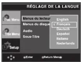 RÉGLAGE DE LA LANGUE Menu du lecteur English V Français Menu du disque Deutsch Audio Espanol Sous-Titre Italiano Nederlands Setup Enter Return Menu