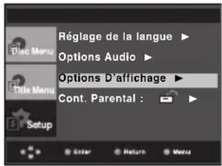 Réglage de la langue ▶ Options Audio ▶ Options D'affichage ▶ Cont. Parental : ▶ Setup Enter Return Menu