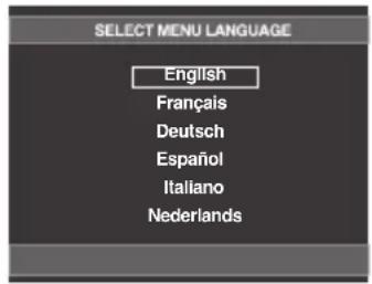 SELECT MENU LANGUAGE English Français Deutsch Español Italiano Nederlands
