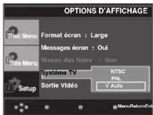 OPTIONS D'AFFICHAGE Edit Menu Format écran : Large Messages écran : Oui Niveau des Noires : Non Title Menu Système TV NTSC PAL Sortie Vidéo ✓ Auto Setup