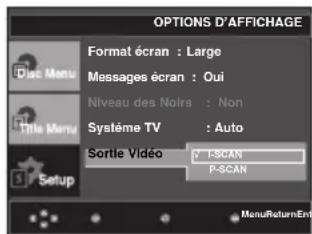 OPTIONS D'AFFICHAGE Format écran : Large Messages écran : Oui Niveau des Noirs : Non Système TV : Auto Sortie Vidéo T-SCAN P-SCAN MenuReturnEnt