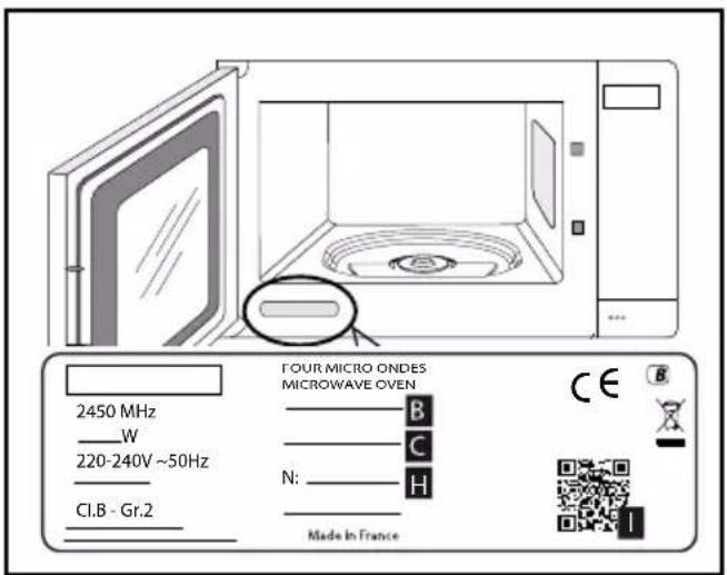 2450 MHz W 220-240V ~50Hz CI.B - Gr.2 FOUR MICRO ONDES MICROWAVE OVEN B C H N: Made in France CE B C H I