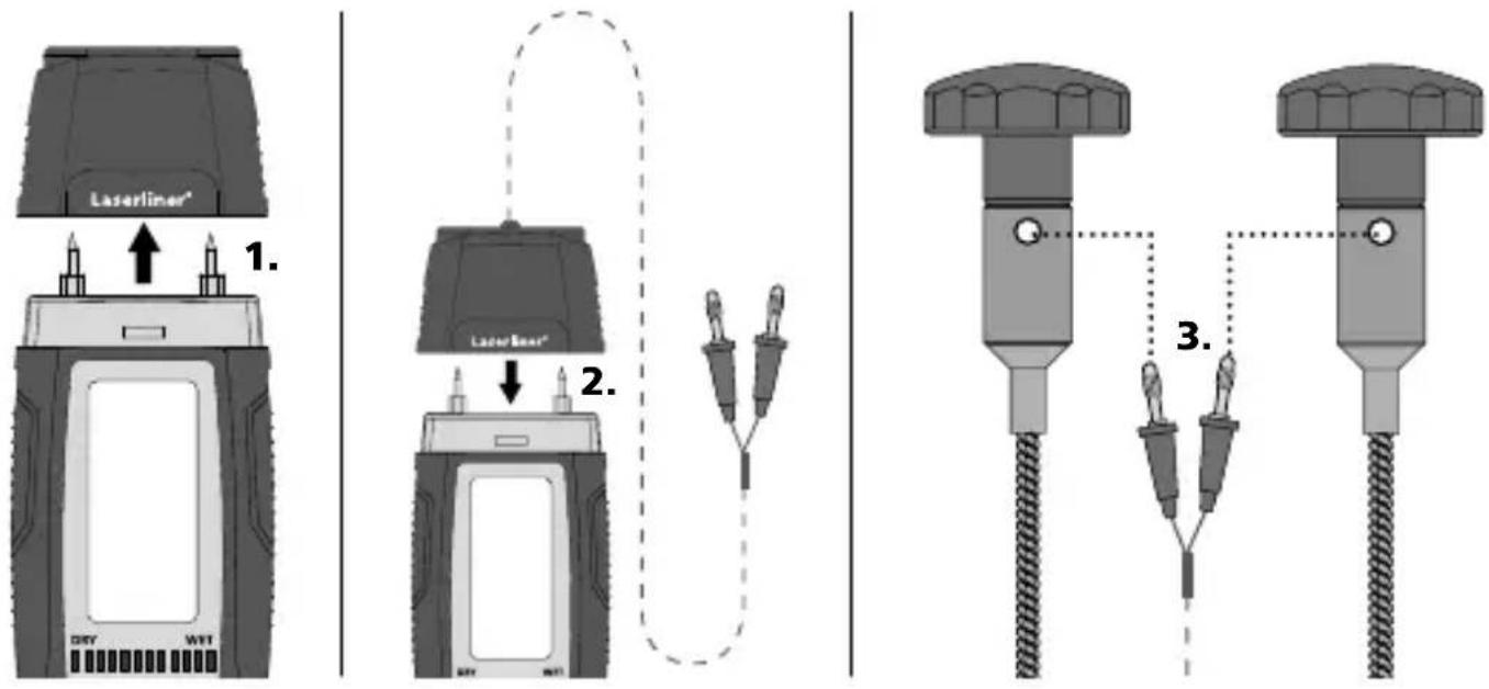 Laserliner DampExtension Compact Set - Raccordement des électrodes de profondeur avec le câble de connexion - 1