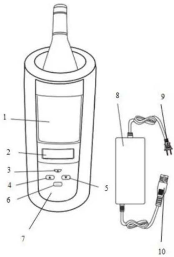 Technical diagram of a device with numbered components and labeled parts, including a cylindrical device and connected electrical connectors.