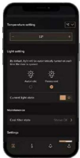 Temperature setting 12° Light setting By default, light will be automatically turned on each time the hour is opened Automatic Personnel Current light state Maintenance Coal filter style Status OK > Settings