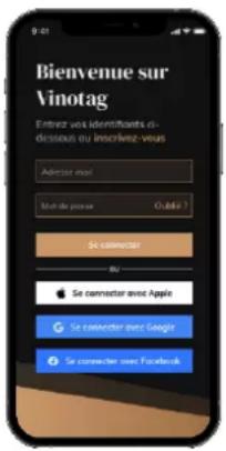 Bienvenue sur Vinotag Entrez vos identifiants ci- discissés ou lesclavées-vous Adresse enel Not de posse G double ? Se connecter AV Se connecter avec Apple Se connecter avec Google Se connecter avec Facebook