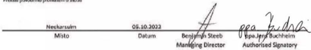 Neckarsulm Misto 05.10.2022 Datum Benjamin Steeb Managing Director ppa.Jens Buchheim Authorised Signatory