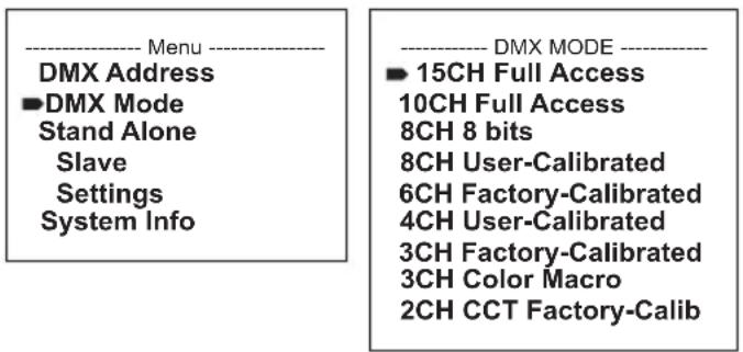 Cameo ZENIT W600i - CONFIGURAR EL MODO OPERATIVO DMX (DMX Mode) - 1