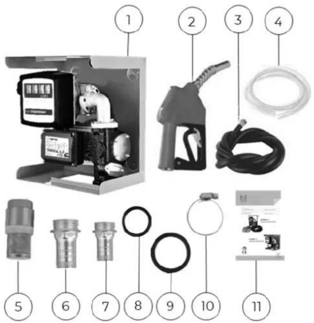 Exploded view diagram of a fuel pump and gas collection device with numbered parts labeled 1 to 11.