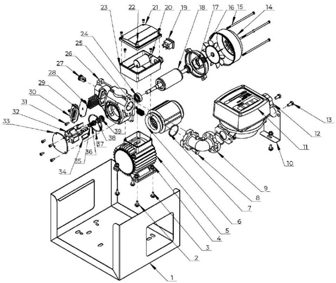 Exploded view diagram of an electric motor assembly with numbered parts for identification