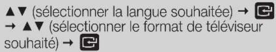 ▲▼ (sélectionner la langue souhaitée) → 📄 → ▲▼ (sélectionner le format de téléviseur souhaité) → 📄