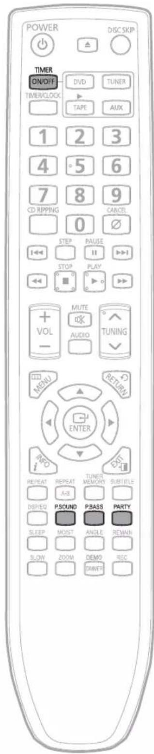 POWER DISC SKIP TIMER ON/OFF THER/CLOCK DVD TUNER TAPE AUX 1 2 3 4 5 6 7 8 9 CD RIPPING CANCEL 0 STEP PAUSE STOP PLAY MUTE AUDIO TUNING VOL - MENU RETURN ENTER REPEAT REPEAT TUNER MEMORY SUBTITLE A-S DPSOUND P/SOUND P/BASS PARTY SLEEP MOIST ANGLE REMAIN SLOW ZOOM DEMO DRINTER REC
