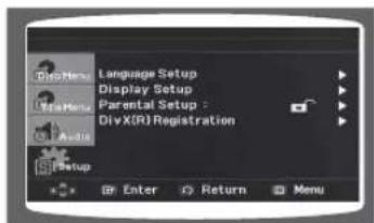 Language Setup Display Setup Parental Setup : DivX(R) Registration Setup Enter Return Menu