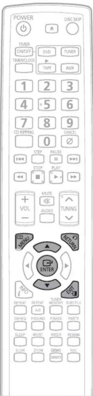 POWER DISC SKIP TIMER ON/OFF THER/CLOCK DVD TUNER TAPE AUX 1 2 3 4 5 6 7 8 9 CD RIPPING 0 CANCEL STEP PAUSE STOP PLAY VOL MUTE AUDIO TUNING MENU RETURN ENTER REPEAT REPEAT TUNER MEMORY SUBTITLE A/B DISPIED PSOUND PBASS PARTY SLEEP MOIST ANGLE REMAIN SLOW ZOOM DEMO DINER REC