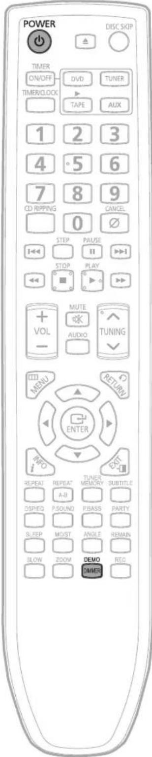 POWER DISC SKIP TIMER ON/OFF DVCD TUNER TIMER/CLOCK TAPE AUX 1 2 3 4 5 6 7 8 9 CD RIPPING CANCEL 0 STEP PAUSE I← II→ STOP PLAY VOL MUTE AUDIO TUNING MENU RETURN ENTER INFO REPEAT REPEAT TUNER MEMORY SUBTITLE A-B DSPED P.SOUND P.BASS PARTY SLEEP MOIST ANGLE REMAIN BLOW ZOOM DEMO DIMMER REC