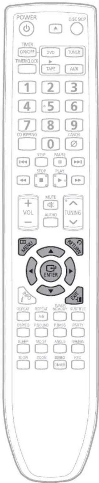 POWER DISC SKIP TIMER ON/OFF DVID TUNER TIMER/CLOCK TAPE AUX 1 2 3 4 5 6 7 8 9 CD RIPPING CANCEL 0 STEP PULSE STOP PLAY VOL MUTE AUDIO TUNING MENU RETURN ENTER INFO i REPEAT REPEAT TUNER MEMORY SUBTITLE A-B DSPIEO PSOUND P.BASS PARTY S.EEP MOIST ANGLE REMAIN SLOW ZOOM DEMO REC DIMMER