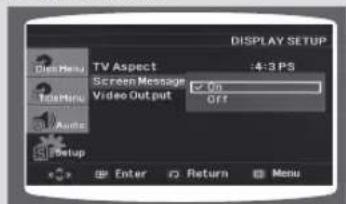 DISPLAY SETUP Clebrue TV Aspect 4:3 PS Screen Message Video Out put On Off Tolntire Audio Setup Enter Return Menu