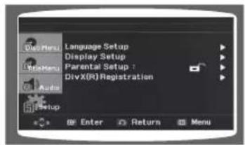 Language Setup Display Setup Parental Setup DivX(R) Registration Audio Setup Enter Return Menu