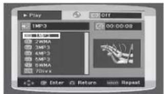 Play OFF 1MP3 00:00:08 MP3 2MMA 3MF3 4MF3 5MF3 6MMA 7Dvix Enter Return 9mm Repeat