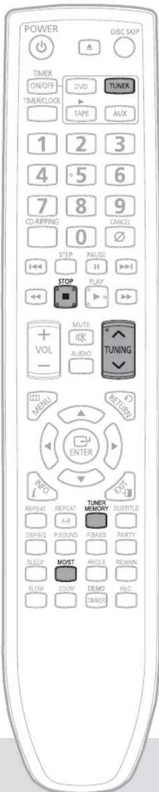POWER DISC SKIP TIMER ON/OFF DVCD TUNER TIMER/CLOCK TAPE AUX 1 2 3 4 5 6 7 8 9 CD RIPPING 0 CANCEL STEP PAUSE STOP PLAY VOL MUTE AUDIO TUNING MENU RETURN ENTER INFO EXIT REPEAT REPEAT TUNER MEMORY SUTTITLE A-B P/SOUND P/BASS PARTY SLEEP MOIST ANGLE REMAIN SLOW ZOOM DEMO REC DIP/DOCK
