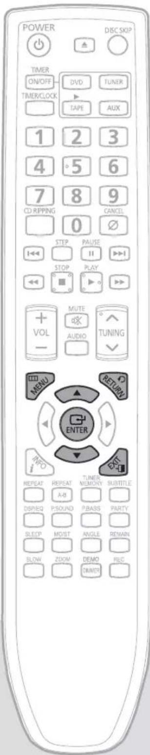 POWER DISC SKIP TIMER ON/OFF DVCD TUNER TIMER/CLOCK TAPE AUX 1 2 3 4 5 6 7 8 9 CD RIPPING CANCEL 0 STEP PAUSE STOP PLAY VOL MUTE AUDIO TUNING MENU RETURN ENTER INFO REPEAT REPEAT TUNER MEMORY SUBTITLE A-B DSPREQ P: SOUND P:BASS PARTY SLEEP MOIST ANGLE REMAIN BLOW ZOOM DEMO REC OWNER