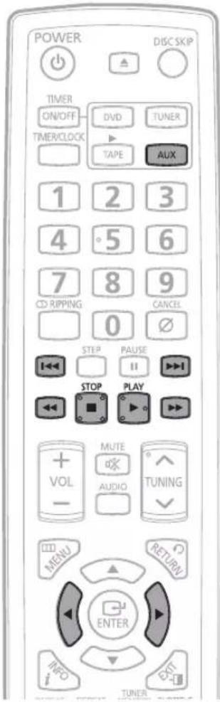 POWER DISC SKIP TIMER ON/OFF DVD TUNER TIMER/CLOCK TAPE AUX 1 2 3 4 5 6 7 8 9 CD RIPPING CANCEL 0 STEP PAUSE STOP PLAY MUTE AUDIO TUNING VOL - MENU RETURN ENTER INFO EXIT TUNER