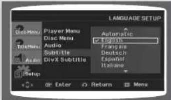 LANGUAGE SETUP Automatic 120000 Française Deutsch Español Italano Player Menu Disc Menu Audio Subtitle DivX Subtitle Setup Enter Return Menu