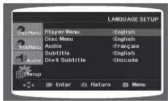 LANGUAGE SETUP Disc Menu Player Menu English Disc Menu English Audio Français Subtitle English DivX Subtitle Unicode Setup Enter Return Menu