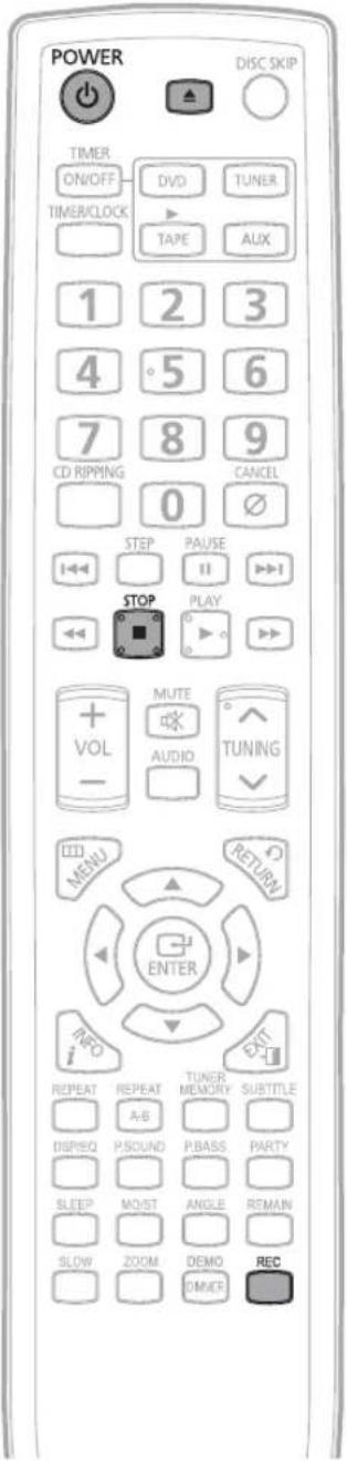 POWER DISC SKIP TIMER ON/OFF TINER/CLOCK DVD TUNER TAPE AUX 1 2 3 4 5 6 7 8 9 CD RIPPING CANCEL 0 STEP PAUSE STOP PLAY MUTE AUDIO TUNING VOL - RETURN ENTER MENU RESET REPEAT REPEAT TUNER MEMORY SUBTITLE A-B DISREQ P.SOUND P.BASS PARTY SLEEP MOIST ANGLE REMAIN SLOW ZOOM DEMO DMICE REC