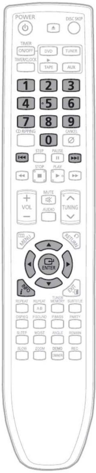 POWER DISC SKIP TIMER ON/OFF DVD TUNER TIMERV/CLOCK TAPE AUX 1 2 3 4 5 6 7 8 9 CD RIPPING 0 CANCEL STEP PAUSE STOP PLAY VOL MUTE AUDIO TUNING MENU RETURN ENTER INFO i REPEAT REPEAT TUNER MEMORY SUBTITLE A.B DBPIEQ PSOUND P.BASS PARTY SLEEP MOIST ANGLE REMAIN SLOW ZOOM DEMO REC DIMMER