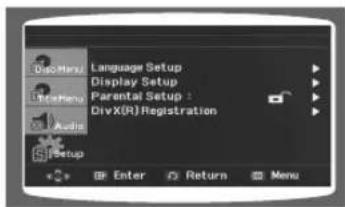Dis Monaco Language Setup Display Setup Rex Monaco Parental Setup : DivX(R) Registration Audio Setup Enter Return Menu
